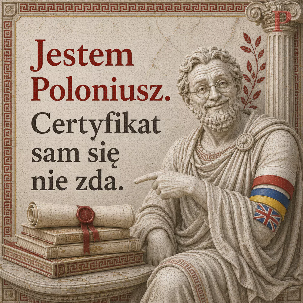 Poloniusz wskazuje palcem stos ksiąg ze zwojem opieczętowanym czerwoną pieczęcią, nad nim gałązka laurowa i kolumna. Napis na karcie: Certyfikat sam się nie zda.