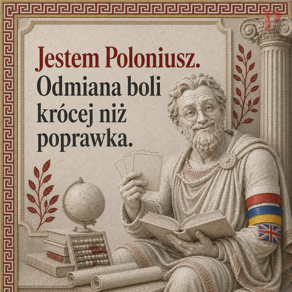 Poloniusz trzyma w jednej dłoni wachlarz kart, a w drugiej otwartą księgę, obok stoją globus, liczydło i zwoje przy kolumnie. Napis na karcie: Odmiana boli krócej niż poprawka.