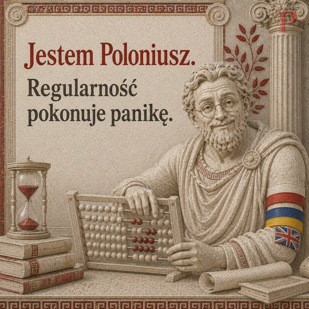 Poloniusz przesuwa palcem koraliki dużego liczydła, a obok stoi klepsydra na stosie ksiąg i leży rozwinięty zwój. Napis na karcie: Regularność pokonuje panikę.